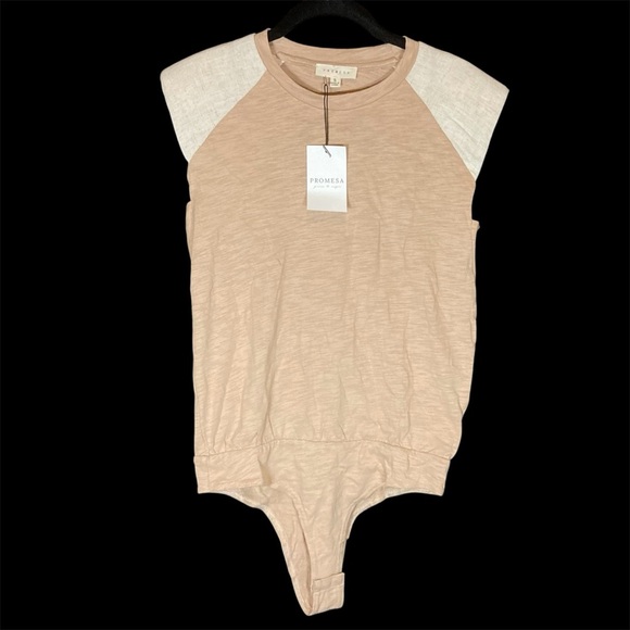 Promesa 100% Cotton Bodysuit | Sand & Ivory | Cap Sleeves with Shoulder Pads - Picture 2 of 12